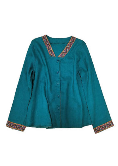 Blue V Neck Embroideried Button Linen Shirt Long Sleeve