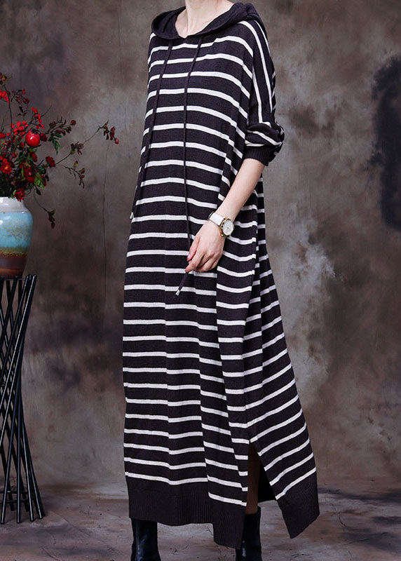 Chocolate Drawstring Hooded Striped Knit Long Dresses Spring