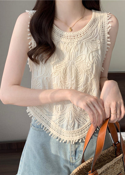 Apricot O-neck Tassel Lace Vest Sleeveless