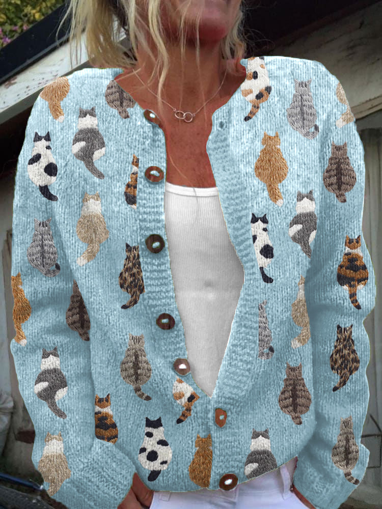 Comstylish Cute Cats Embroidery Pattern Cozy Knit Cardigan