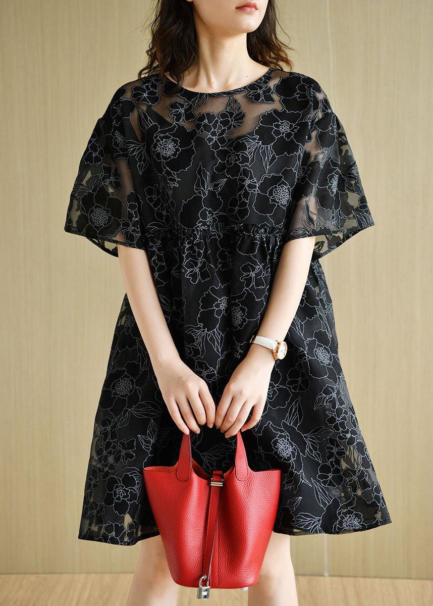 Black O-neck Patchwork Summer Half Sleeve Dress