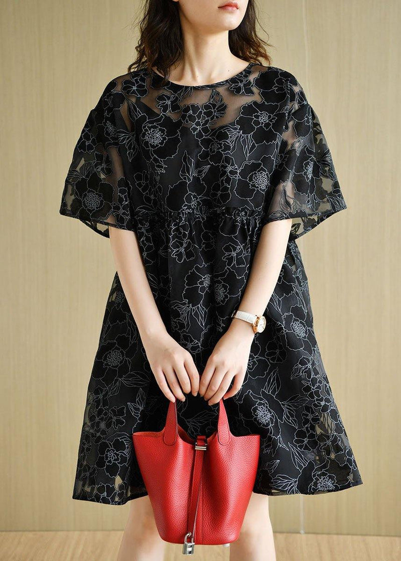Black O-neck Patchwork Summer Half Sleeve Dress