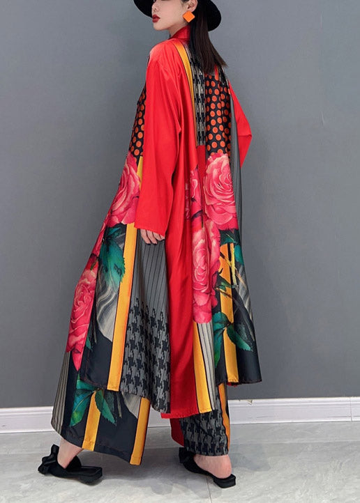 Red Peter Pan Collar Side Open Print Chiffon Long Shirt and Wide Leg Pants Two Piece Long Sleeve