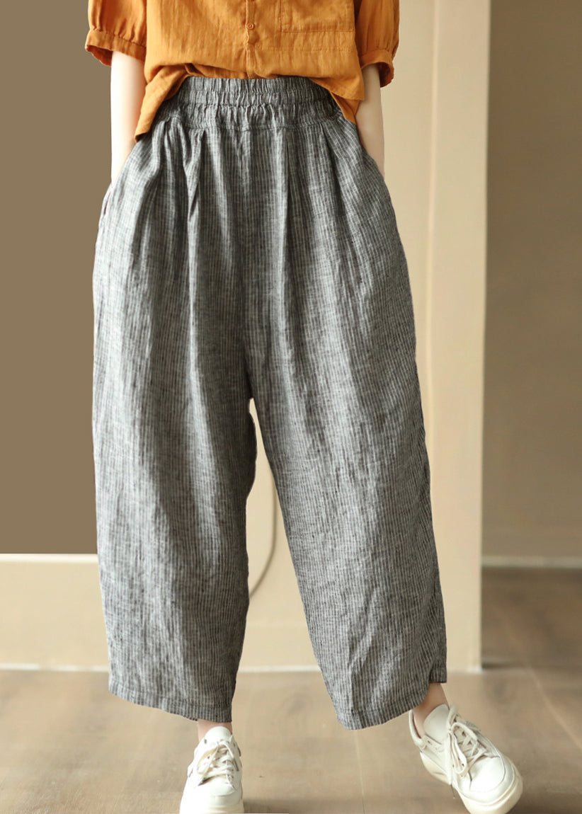Black Striped Pockets Elastic Waist Linen Harem Pants Summer