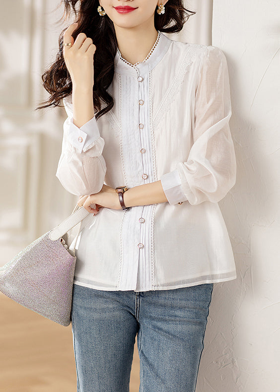 White Button Lace Patchwork Shirts Long Sleeve