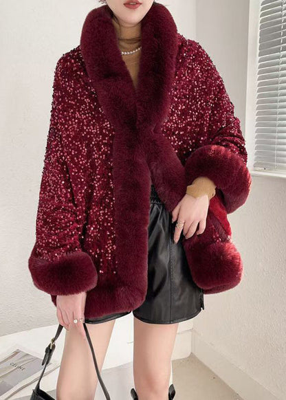 Red Fur Collar Sequins Warm Fleece Cape Coat Winter