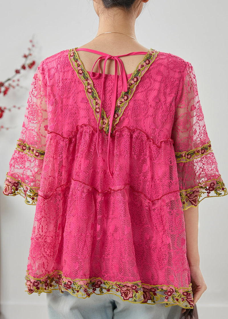Pink Ruffled Lace a Line Shirt Tops Summer