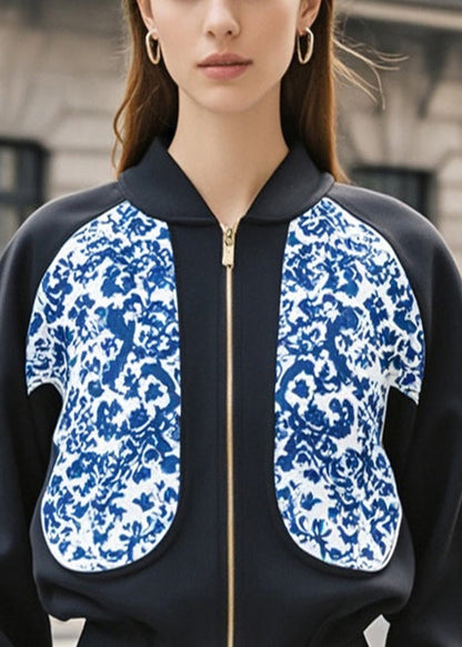 Stylish Black Stand Collar Print Cotton Sweatshirt Jacket Spring