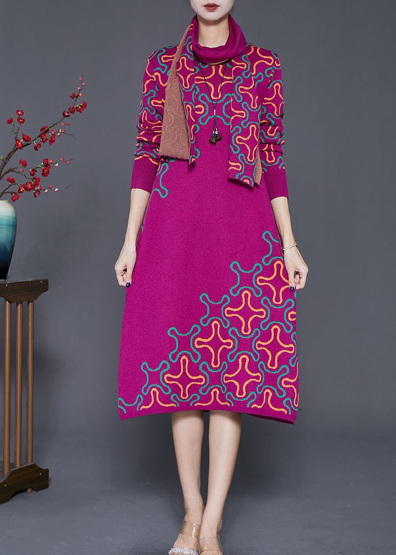 Rose Print Complimentary Scarf Knit Long Knit Dress Fall