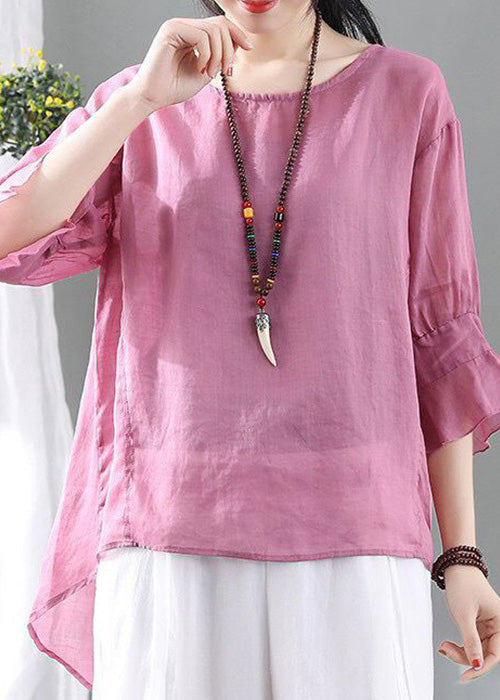Pink O Neck Low High Design Cotton Tops Summer