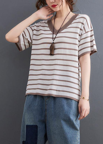 Khaki Striped Side Open Cotton Linen Summer Tops