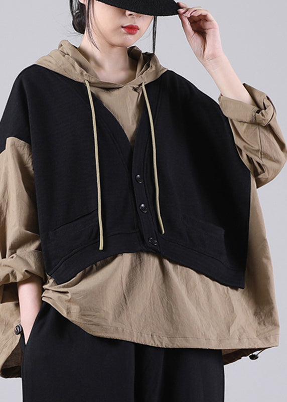Black Drawstring Fake Two Pieces Hooded Sweatshirts Long Sleeve