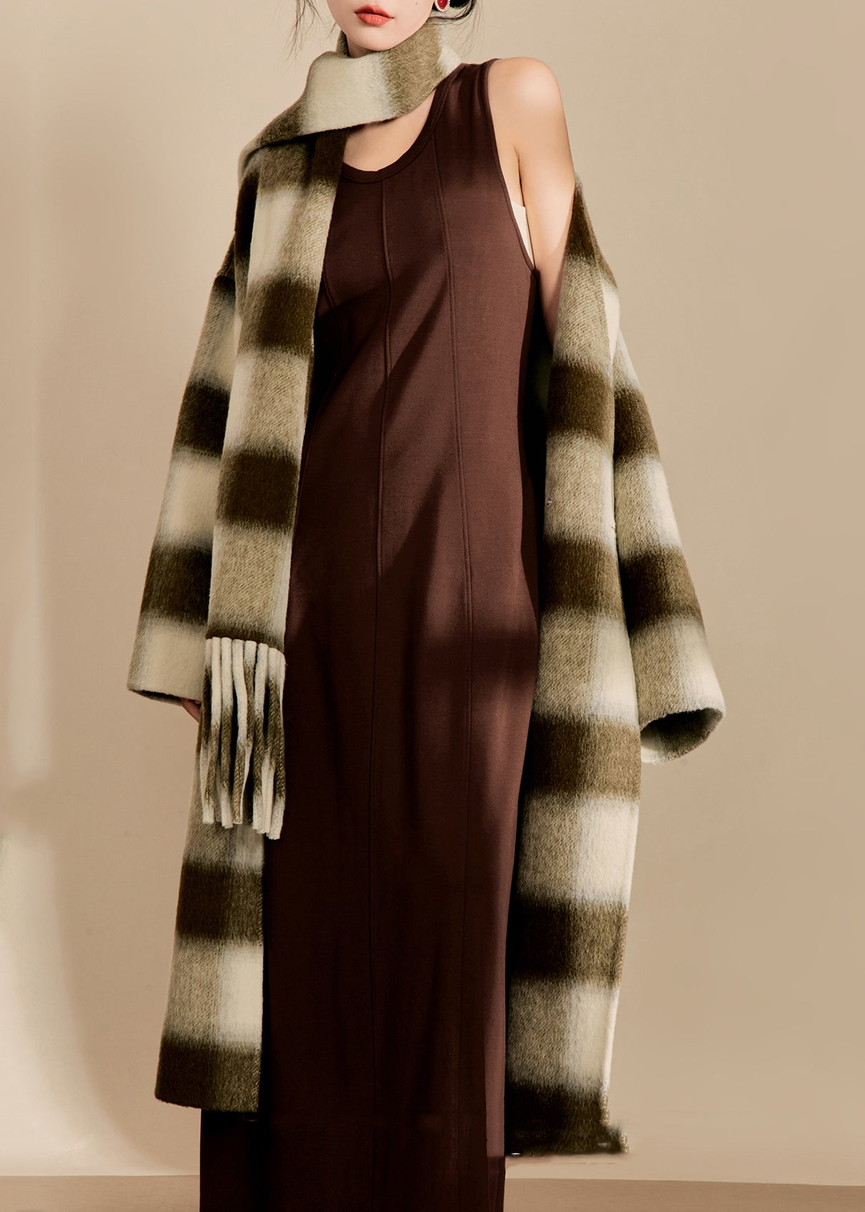 V Neck Pockets Plaid Woolen Maxi Coats Fall
