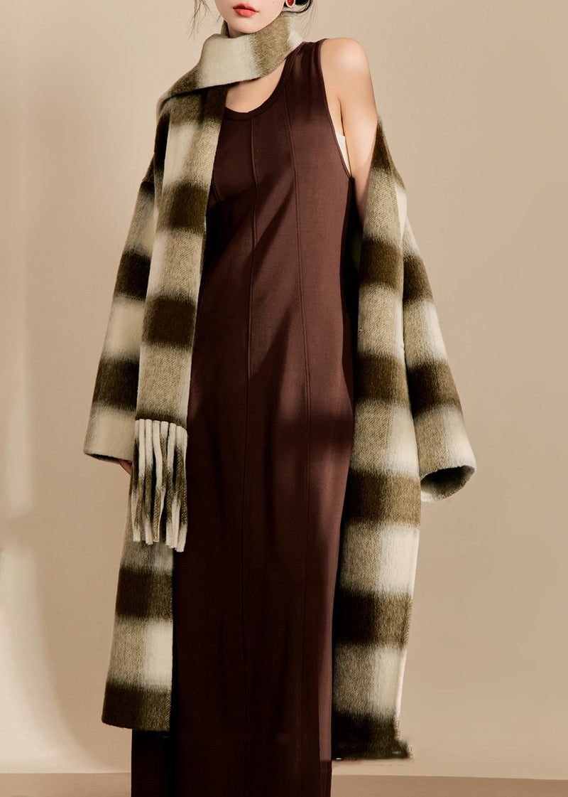 V Neck Pockets Plaid Woolen Maxi Coats Fall