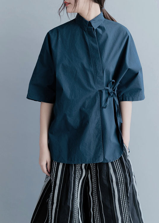 Organic Navy Cinched Cotton Blouses Half Sleeve