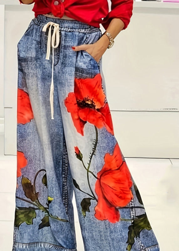 Blue Print Elastic Waist Pockets Wide Leg Jeans Summer
