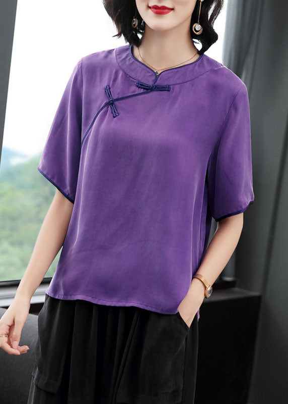 Rose O-neck Oriental Button Color Silk Shirt Top Short Sleeve