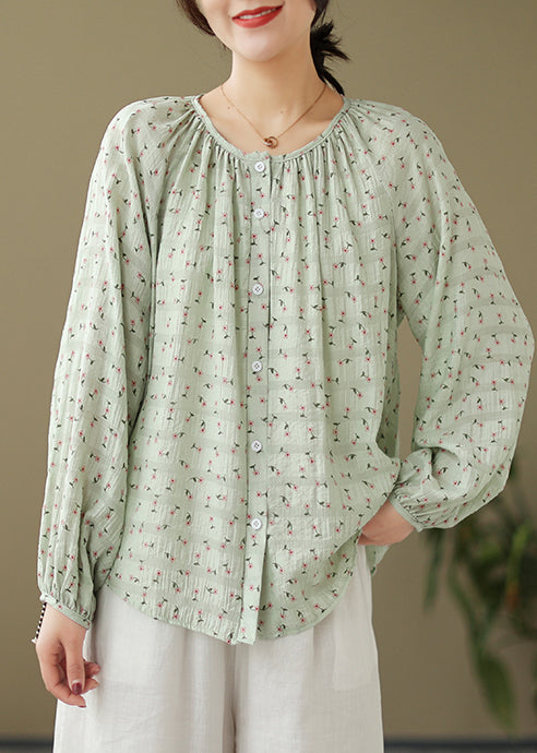 Green Oversized Print Cotton Blouses Fall