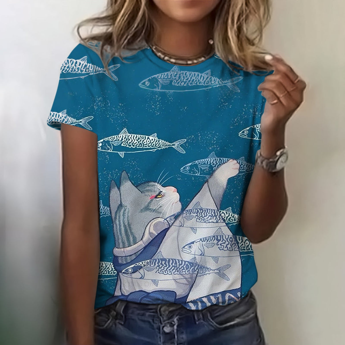 Funny Fish And Cat Wearing Kimono T-shirt elevenforest