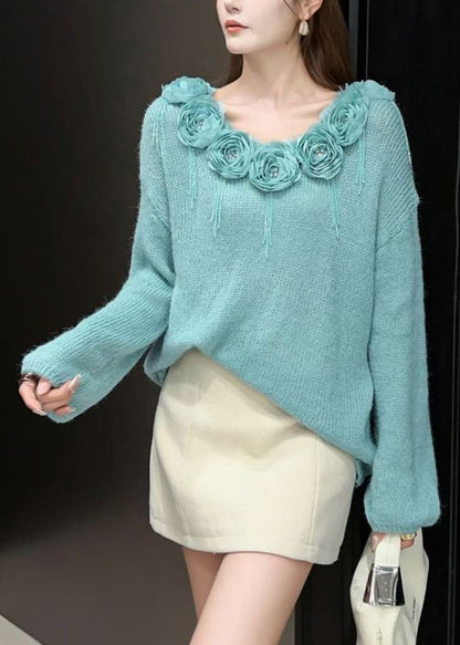 Blue Zircon Patchwork Knit Sweaters Fall