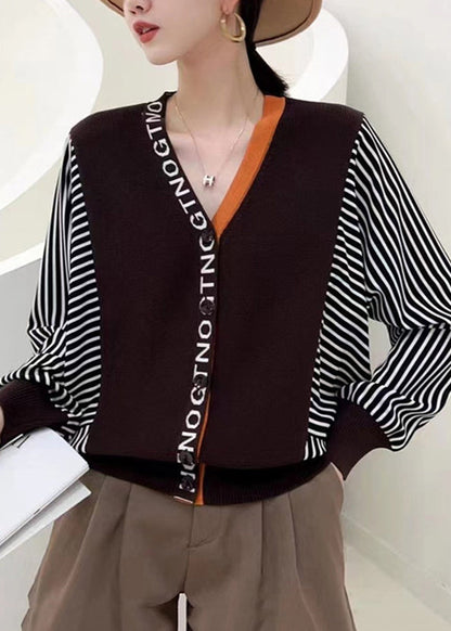 Yellow V Neck Striped Patchwork Button Knit Top Fall