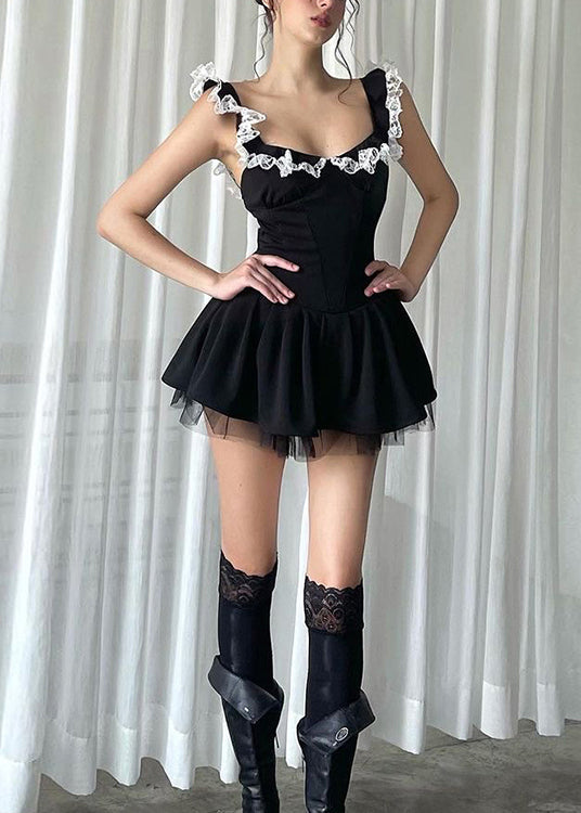 Black Lace Ruffled Patchwork Cotton Mini Dress Summer