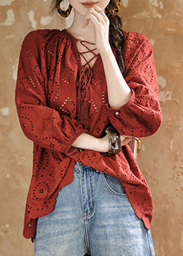 Red Tie Lace Hollow Out Tops Fall