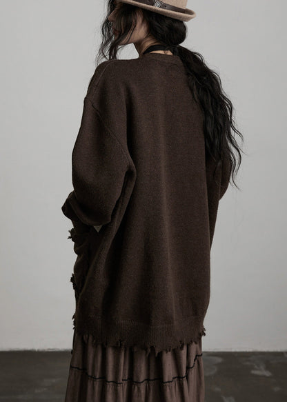 Chocolate Oversized Patchwork Applique Knit Cardigan Winter