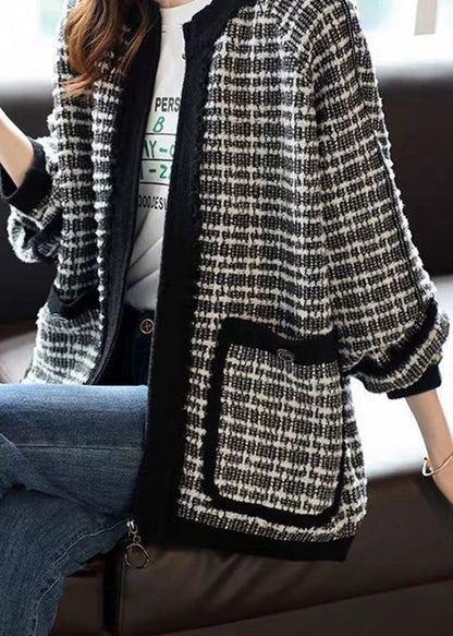 Handmade Blue O-neck Zippered Striped Patchwork Pockets Coats Long Sleeve