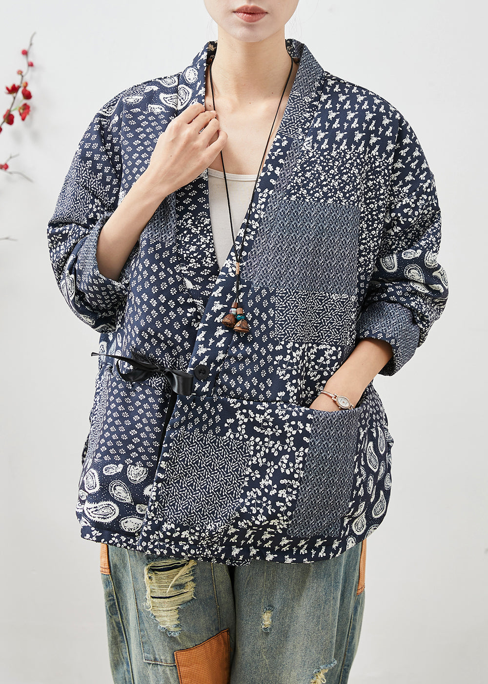 Navy Oversized Print Linen Coat Spring