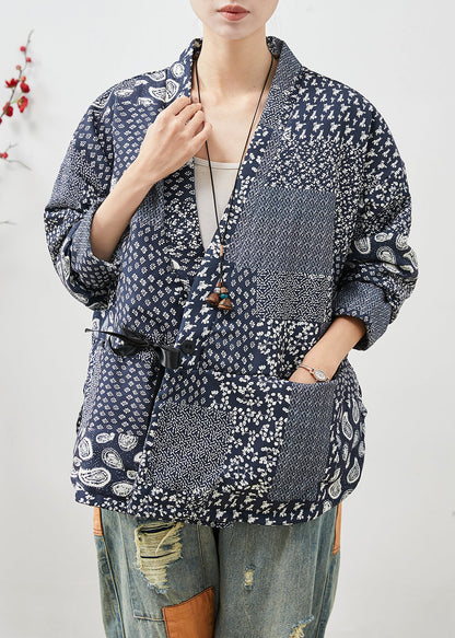 Navy Oversized Print Linen Coat Spring