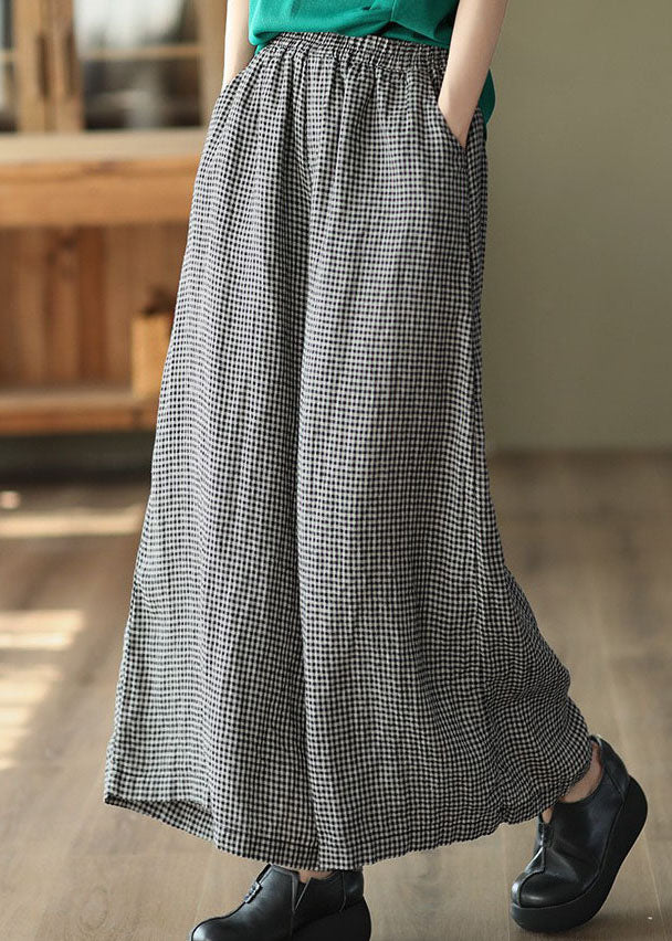 Small Plaid Pockets Patchwork Linen Wide Leg Pants Summer