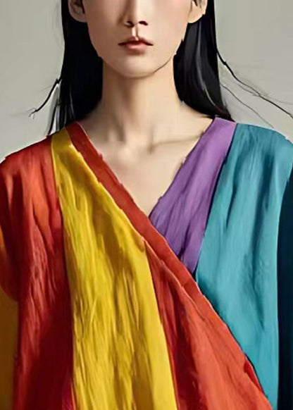 Colorblock V Neck Patchwork Linen Tank Summer