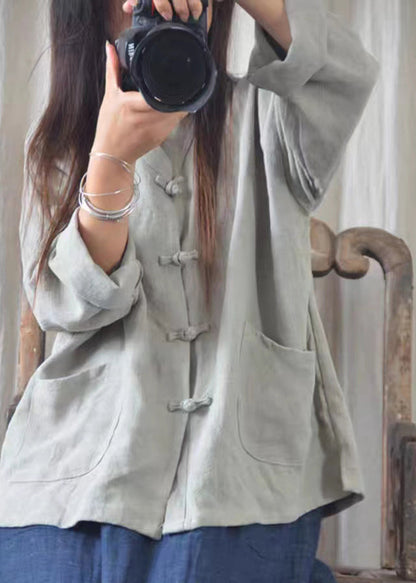 Oversized Chinese Button Pockets Linen Shirt Fall
