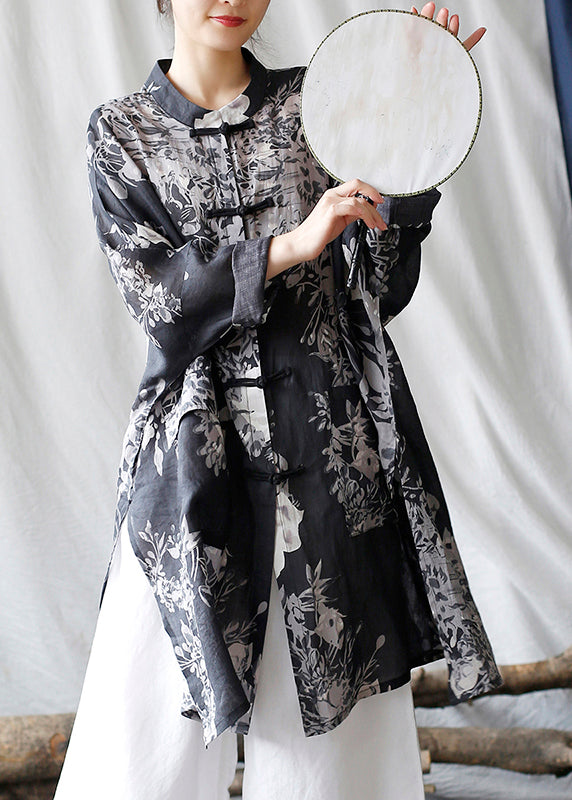 Black Oversized Print Linen Oriental Cardigan Spring