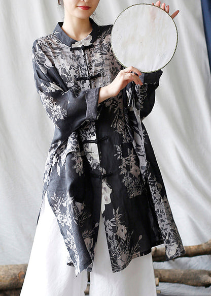 Black Oversized Print Linen Oriental Cardigan Spring