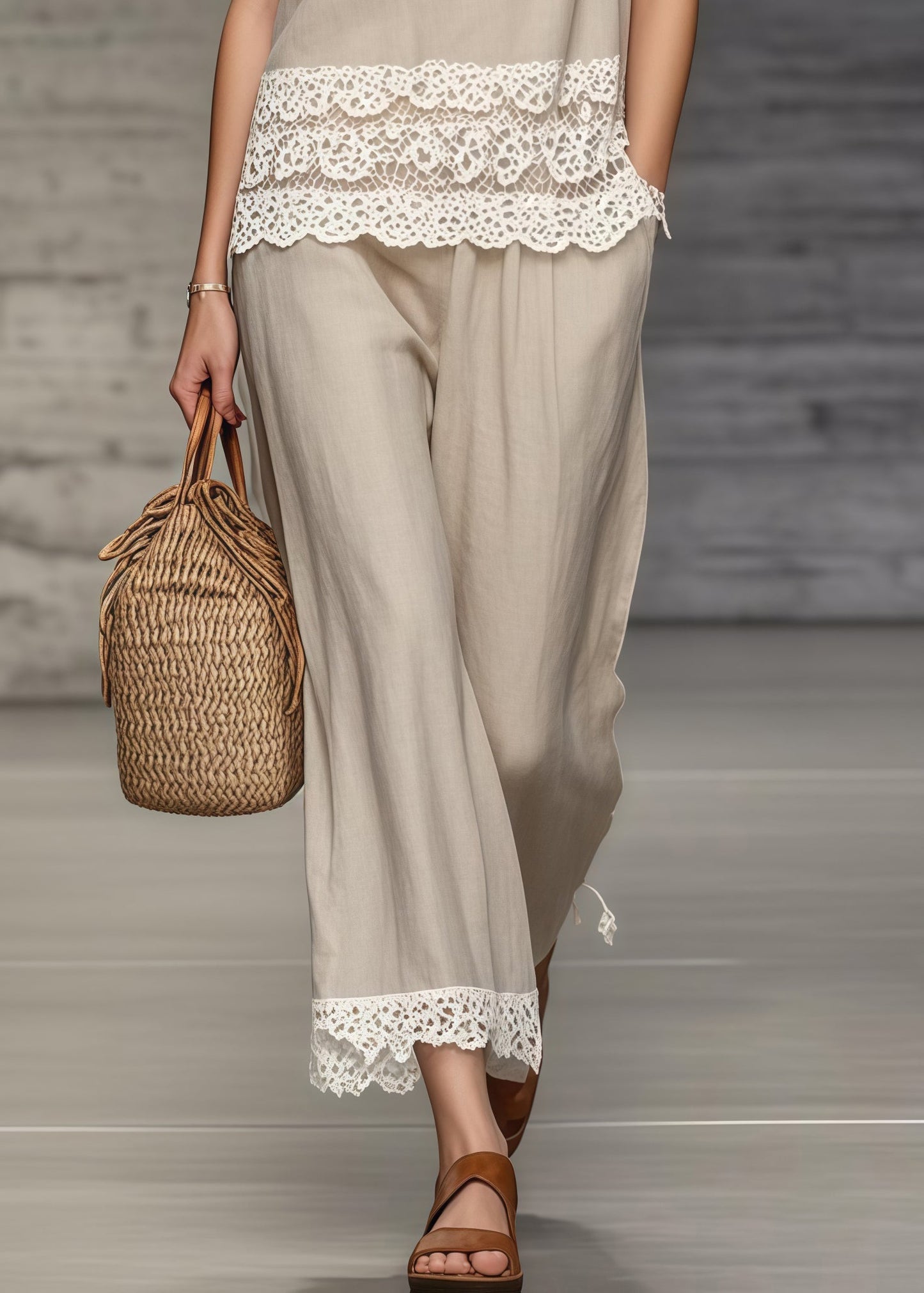 Khaki V Neck Lace Patchwork Two Piece Set Clothing Summer