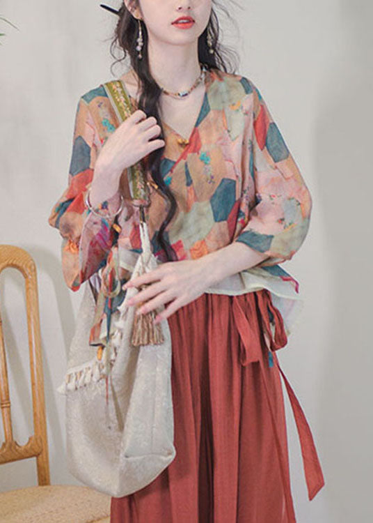 Colorblock Asymmetrical Design Print Lace Up Patchwork Shirt Top Summer