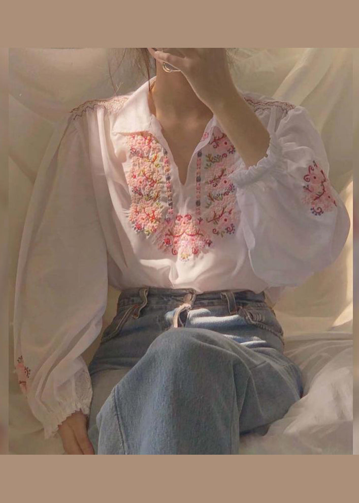 White Embroideried Patchwork Chiffon Shirt Fall