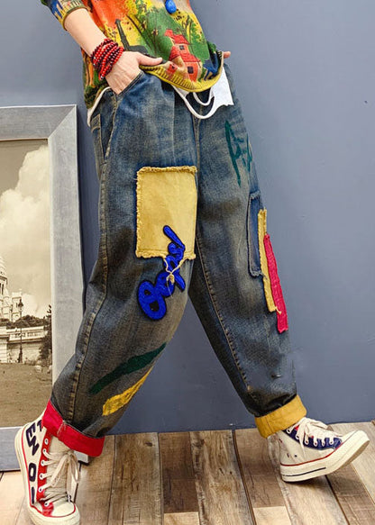 Handmade Blue Patch Applique Denim Pants Spring