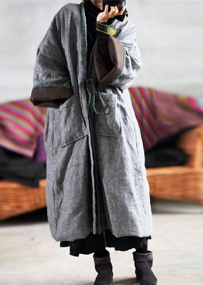 Retro Coffee Pockets Lace Up Fine Cotton Filled Coat Winter