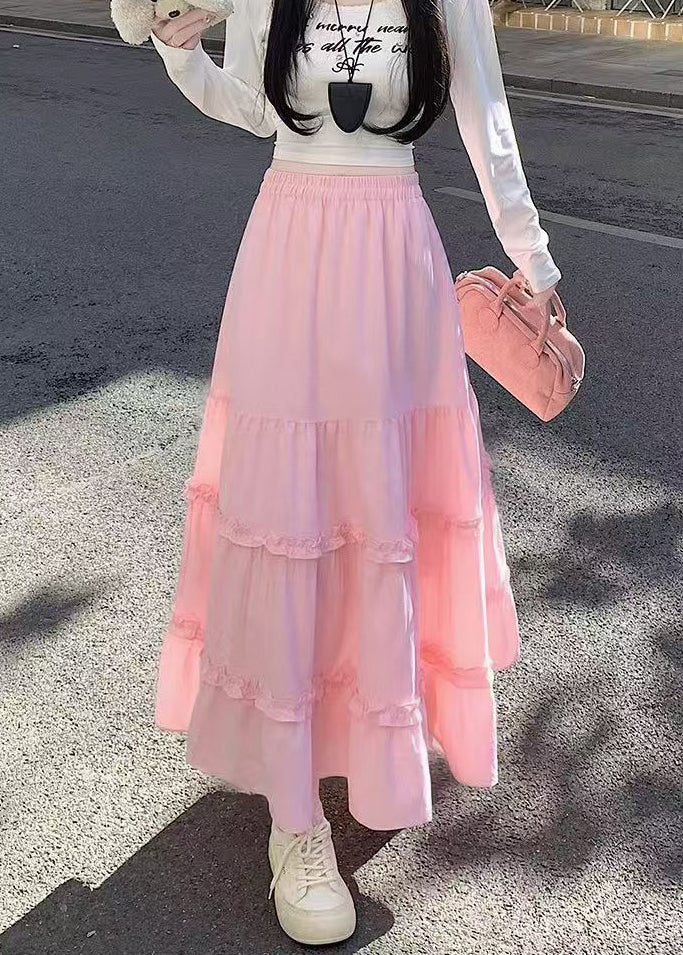 Pink Ruffled Patchwork Cotton Skirt Fall