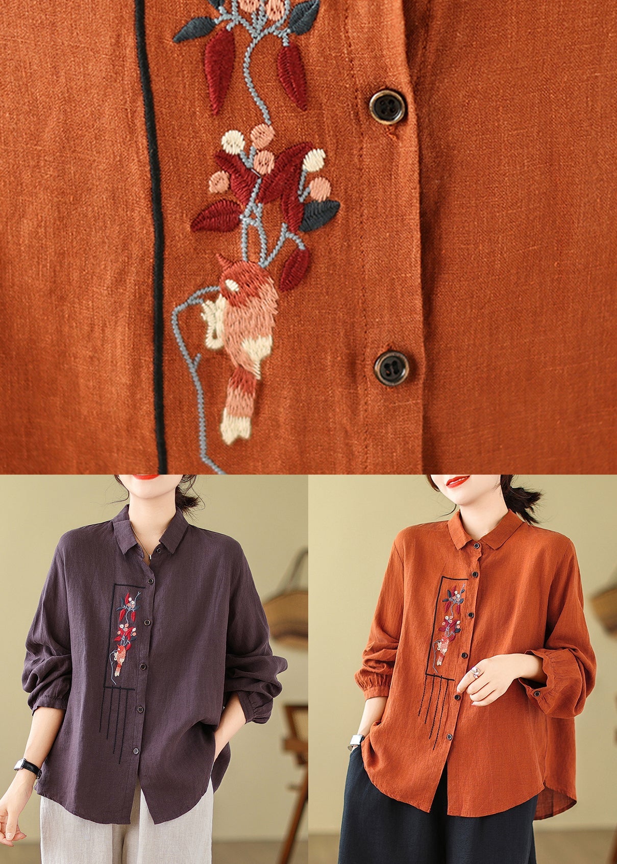 New Purple Embroideried Cotton Blouses Long Sleeve