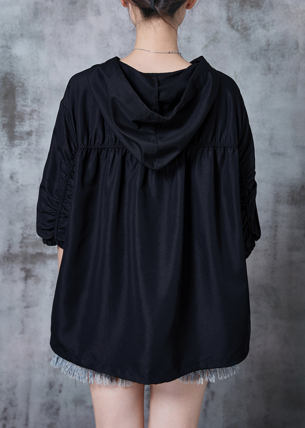 Black Hooded Wrinkled Cotton Pullover Tops Summer