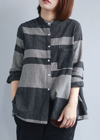 Stylish Black Grey Stand Collar Pocket Button Striped Shirts Spring