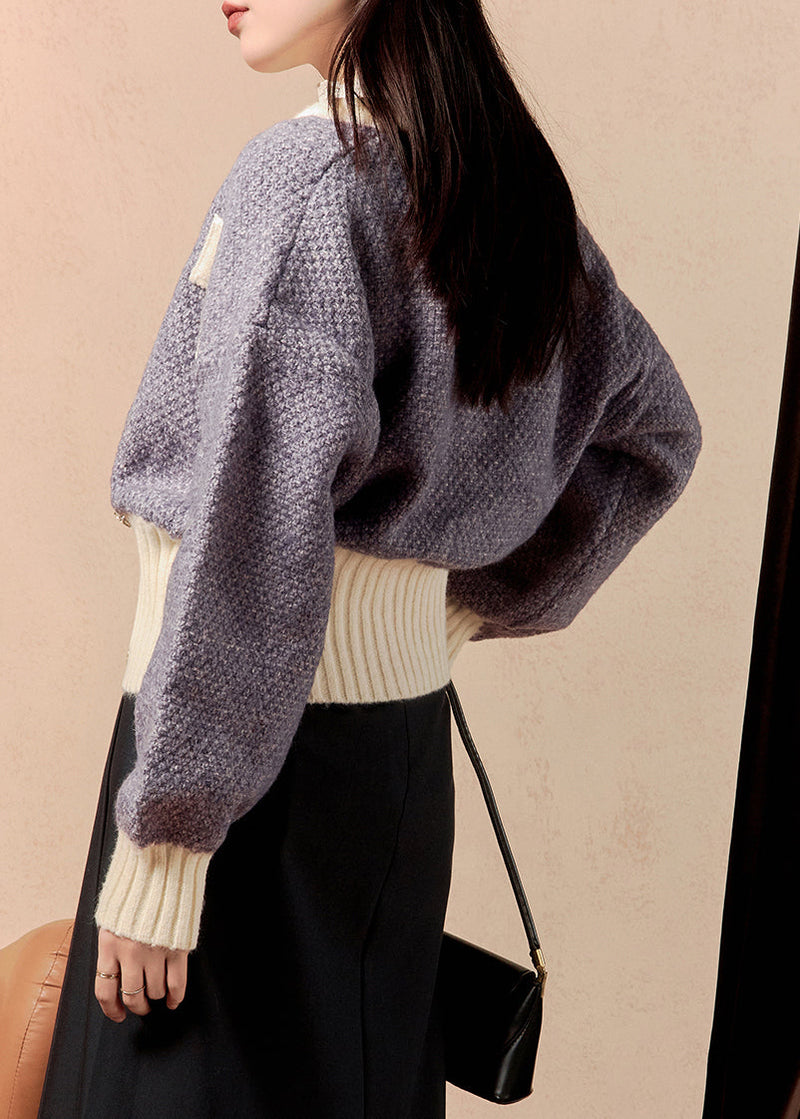Purple V Neck Button Patchwork Knit Cardigan Winter