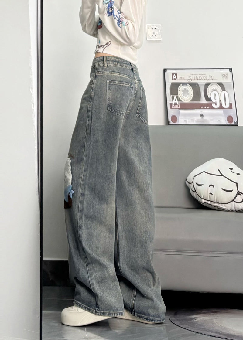 Blue Embroidered Character Denim Pants Spring