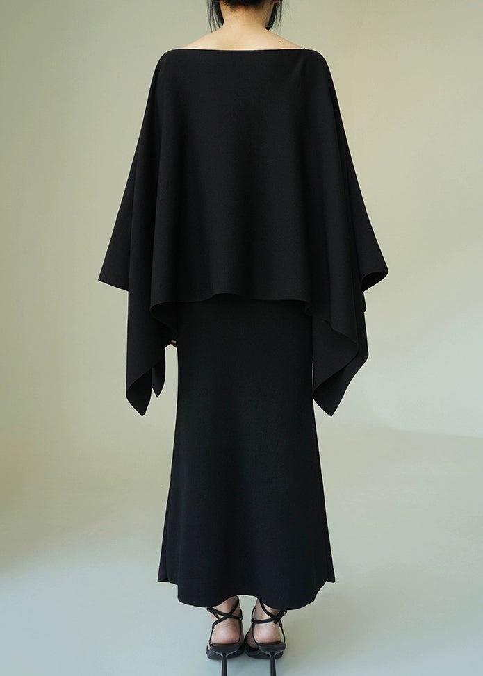 Black Knit Two Pieces Set O-neck Batwing Sleeve