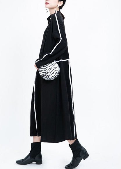French Black Retro Patchwork Fall Long Dresses Long Sleeve