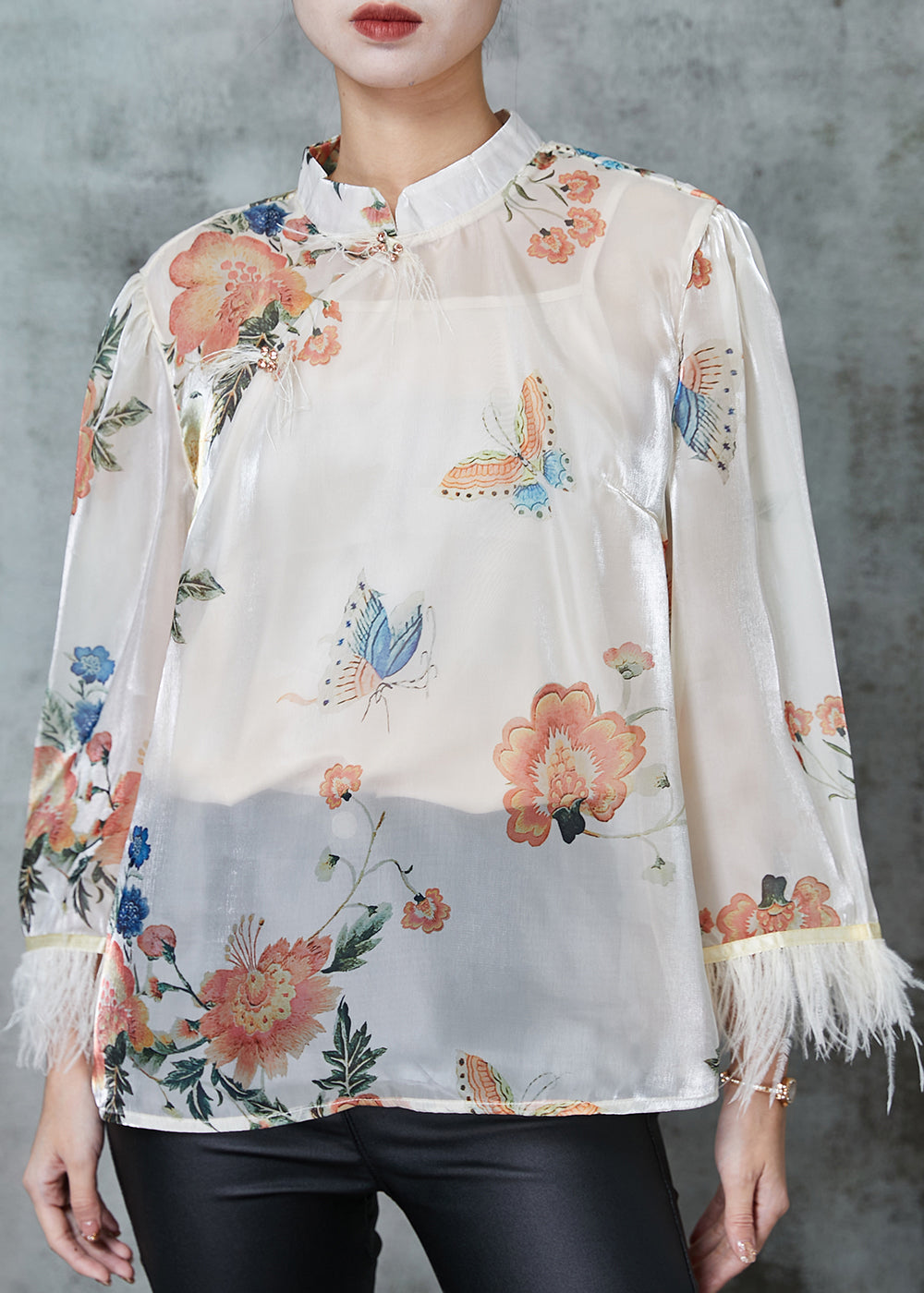 White Tasseled Print Silk Shirts Spring